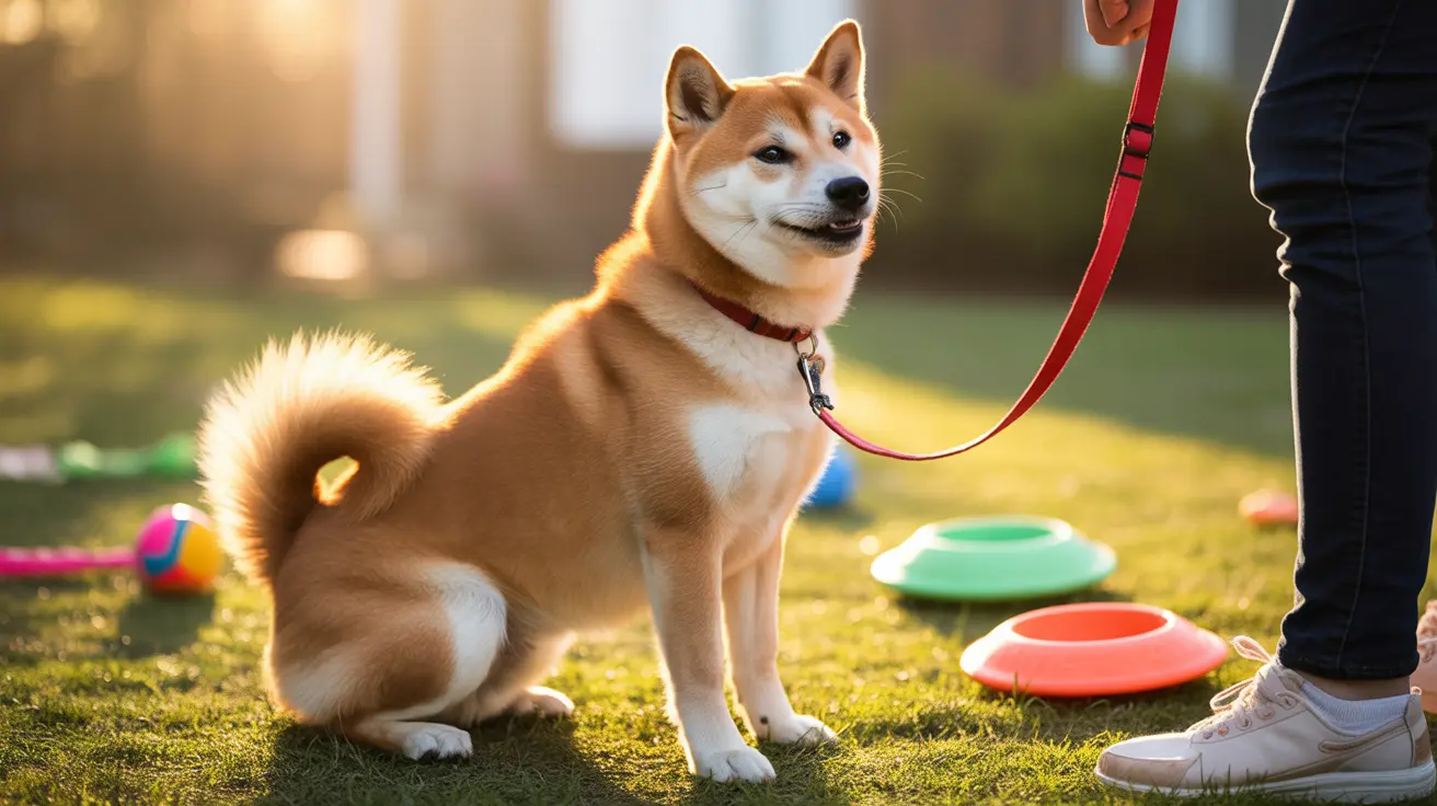 A golden-tan and white Shiba Inu sitting alertly on a grassy lawn with colorful frisbees around, bathed in warm sunlight