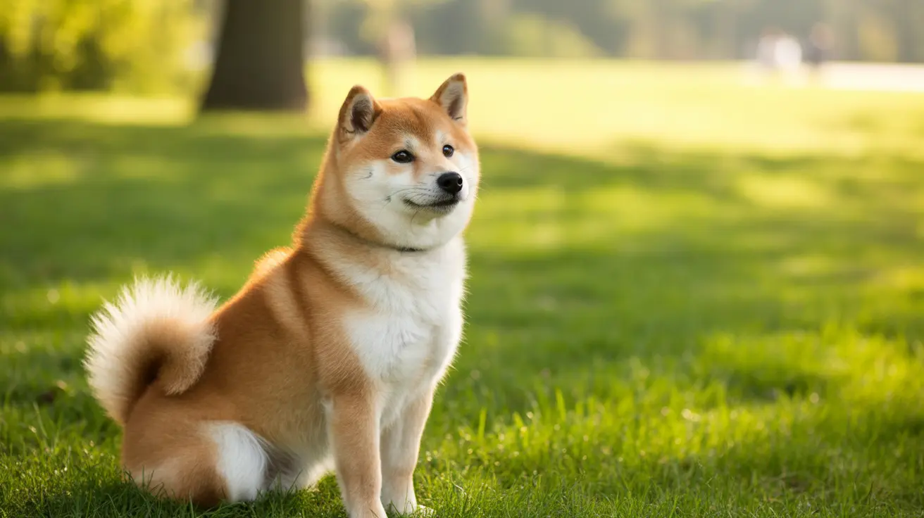 A Shiba Inu sitting alertly on green grass in a sunny park with curled tail and fox-like expression