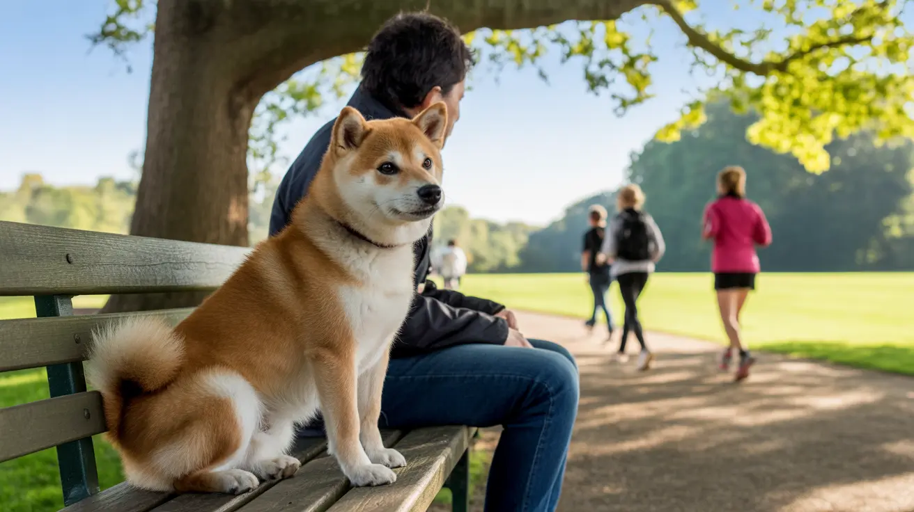 A Shiba Inu sitting alertly on a park bench next to a person with joggers in the background