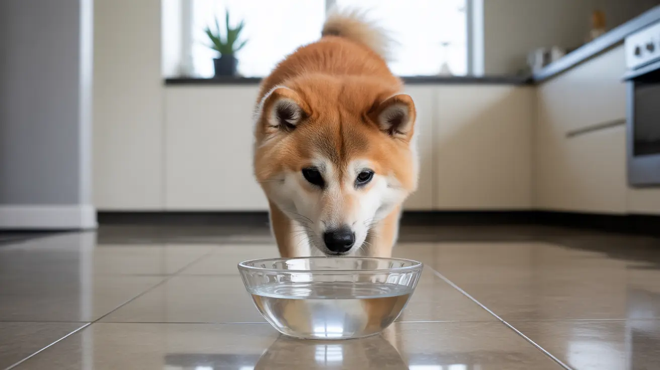 A Shiba Inu dog looking at a glass water bowl in a modern kitchen