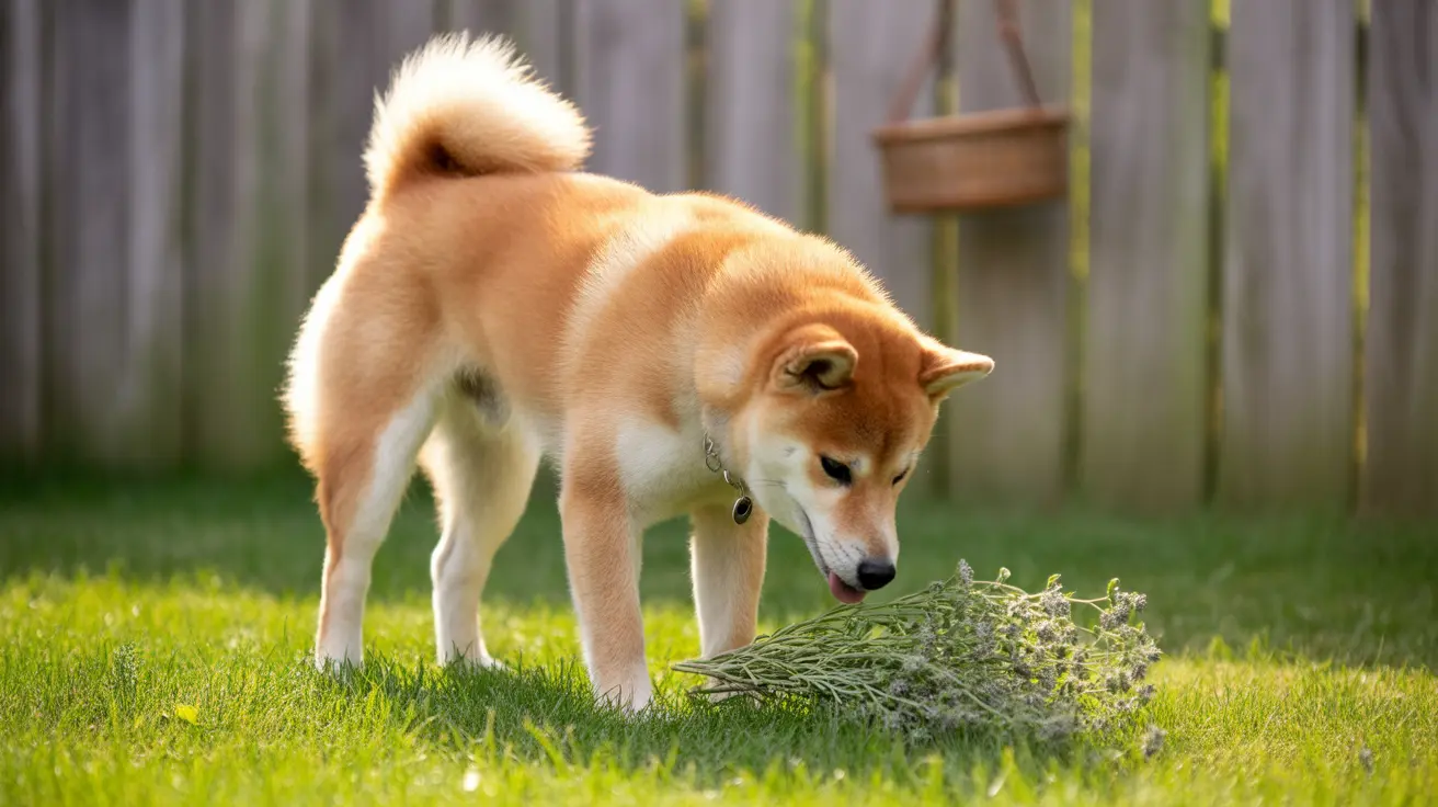 A cream and tan Shiba Inu curiously investigating a bundle of herbs in a backyard setting