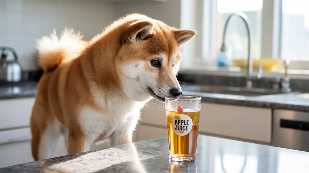 A Shiba Inu curiously examining an apple juice glass on a kitchen countertop