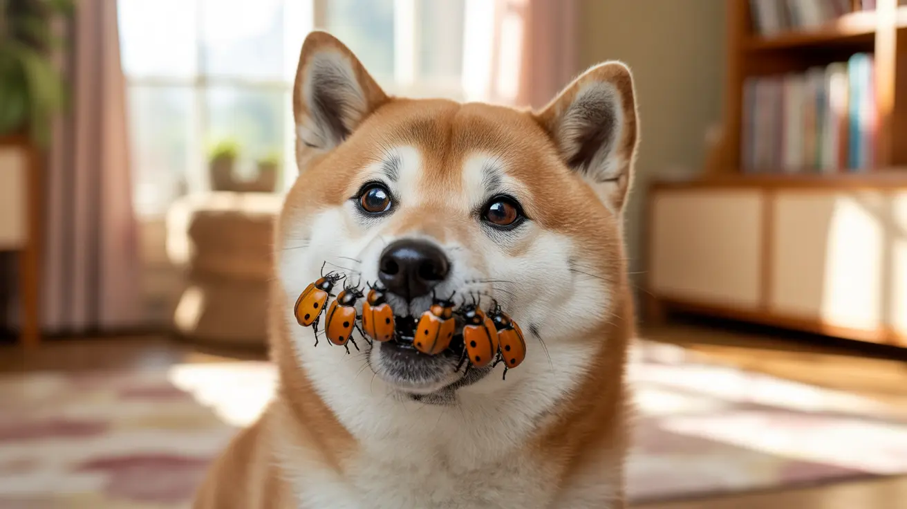 A Shiba Inu dog with multiple orange ladybugs clustered around its mouth