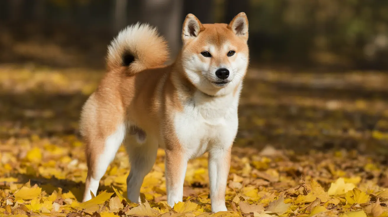 柴犬が紅葉の上で警戒した様子で立っており、背景にはぼやけた森が広がっている