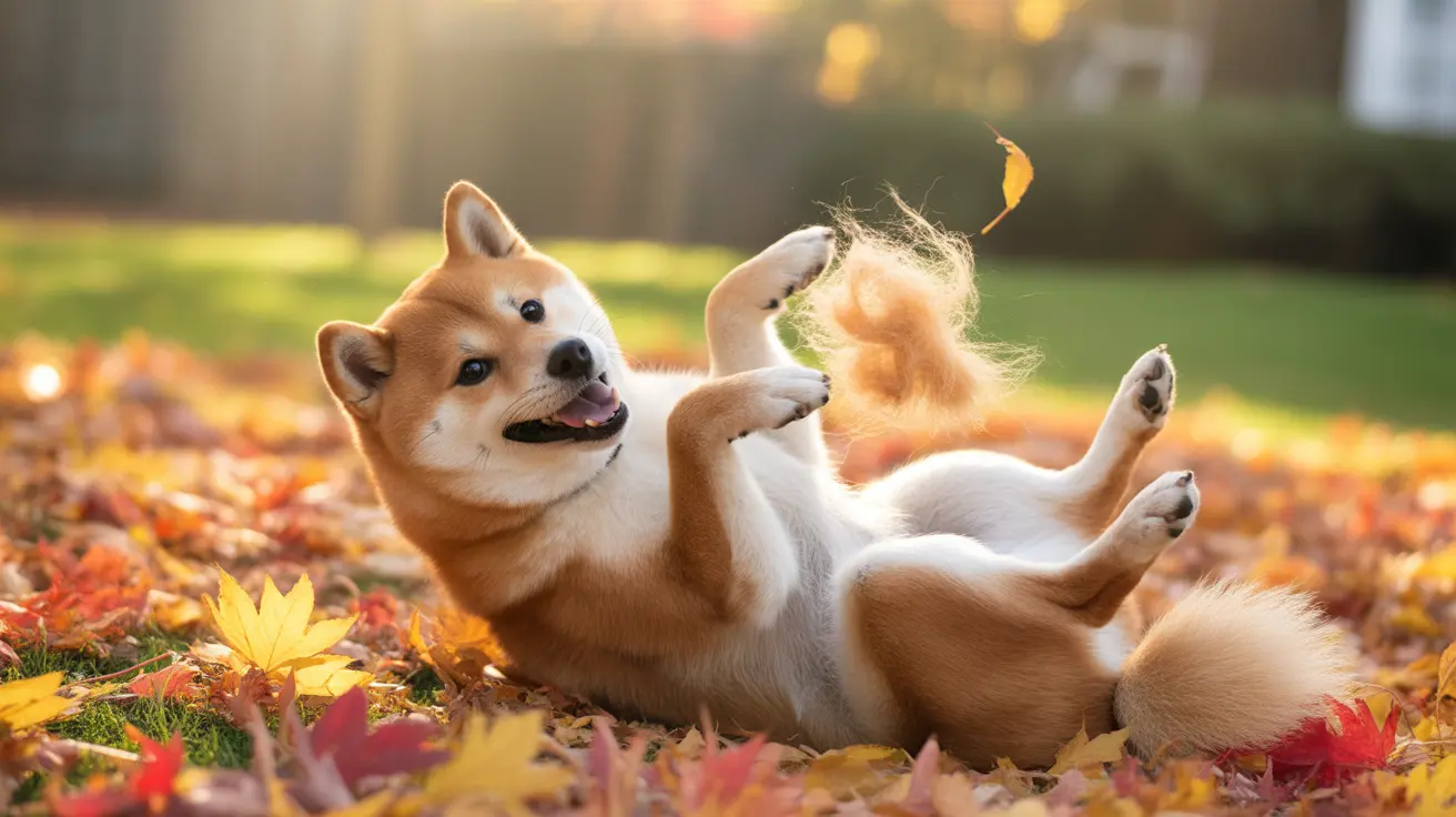 A playful Shiba Inu rolling happily in colorful autumn leaves
