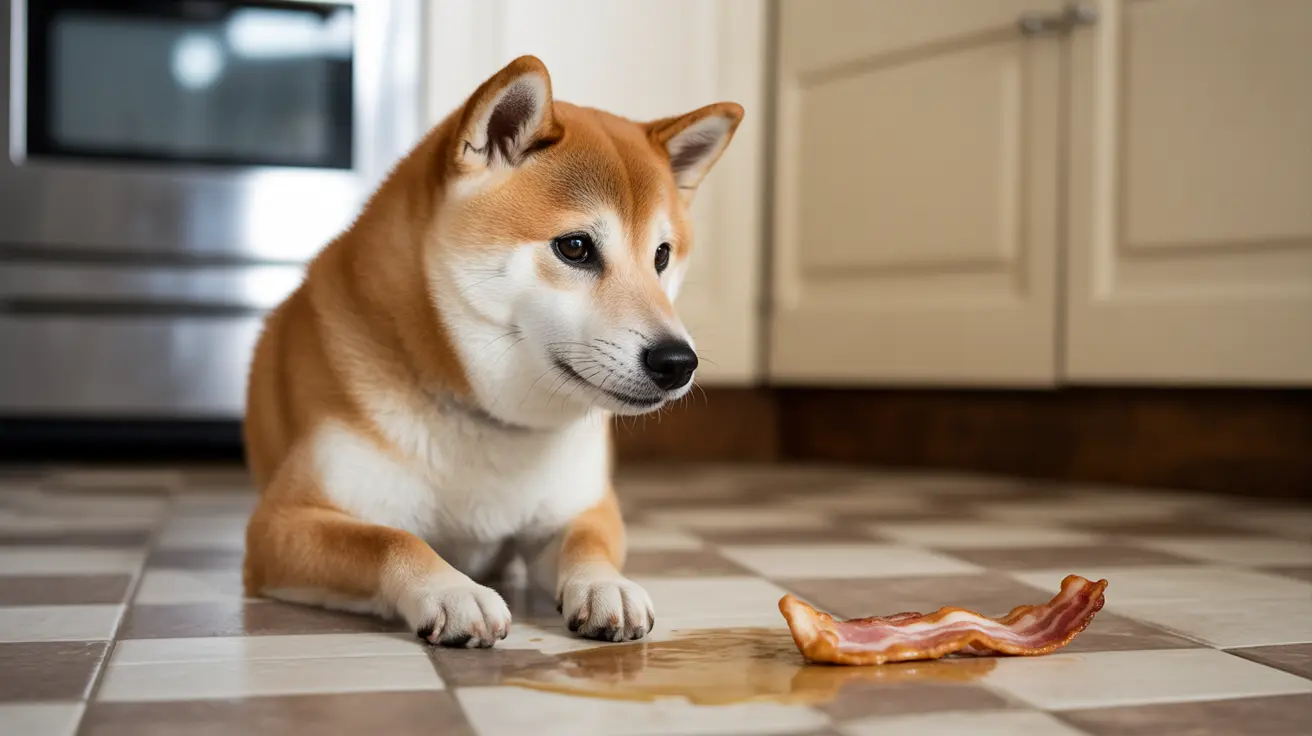 Shiba Inu sitting on a checkered kitchen floor looking intently at a piece of bacon