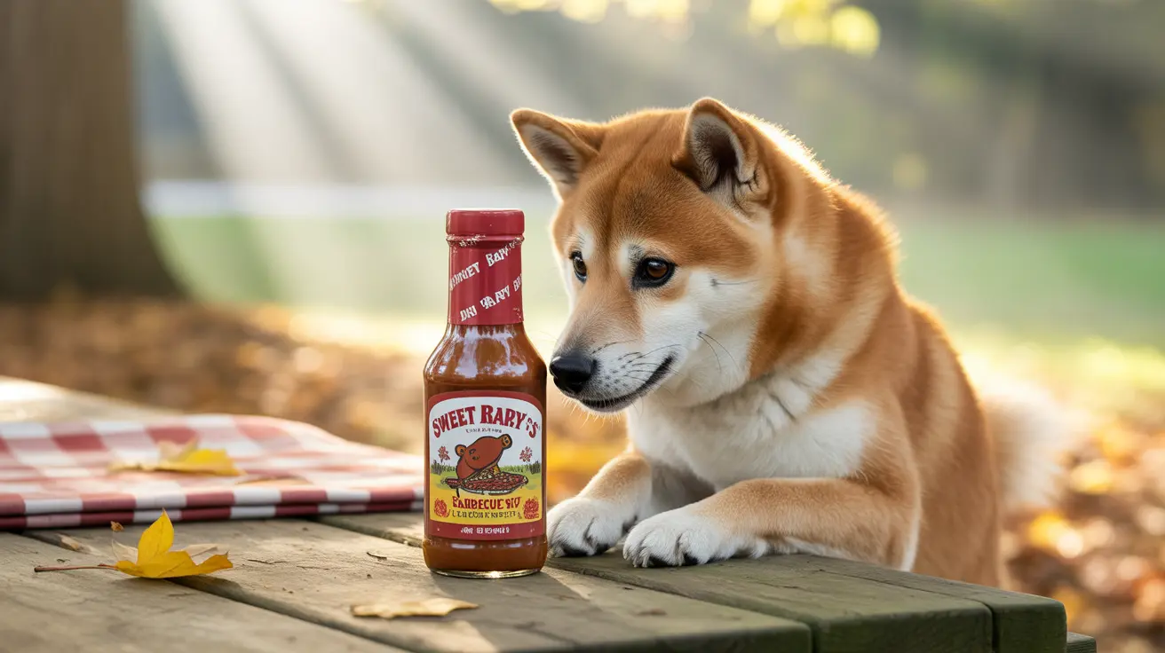 A Shiba Inu sitting next to a bottle of Sweet Baby Ray's barbecue sauce on a wooden surface outdoors