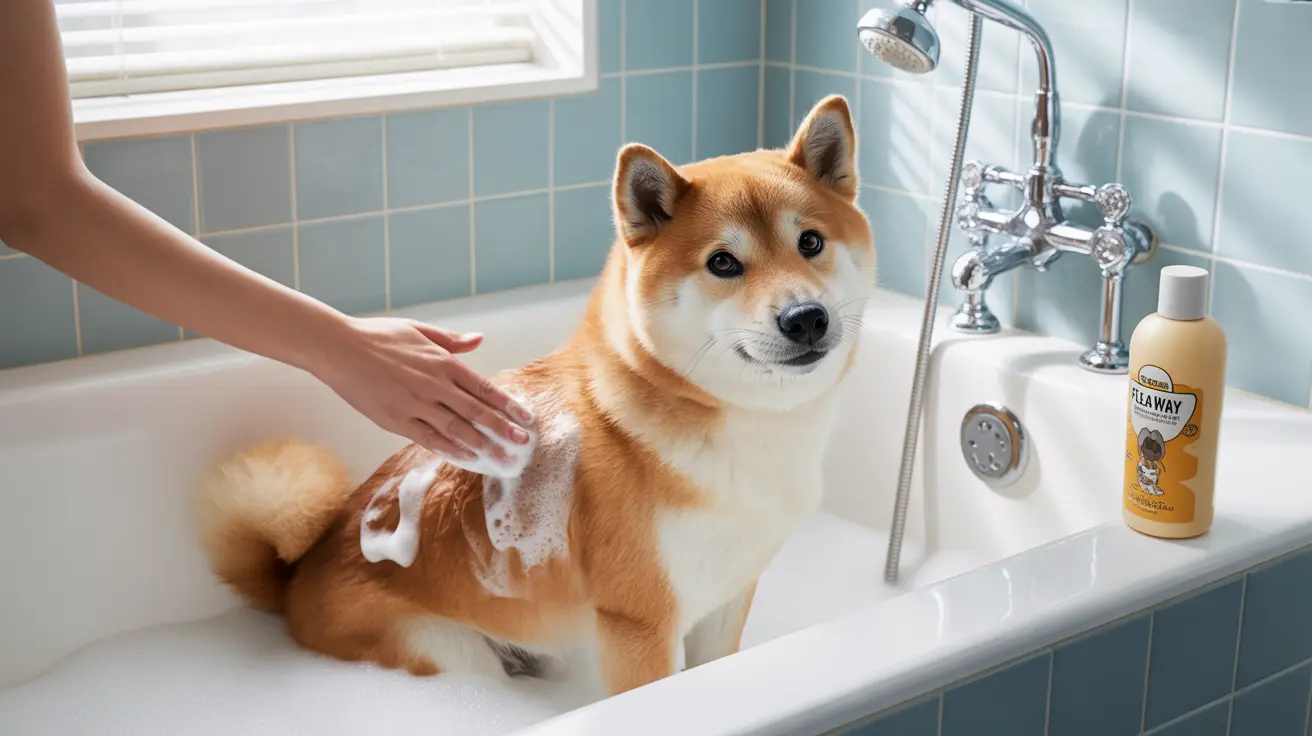 青いタイル張りのバスルームでシャンプーを受けている柴犬