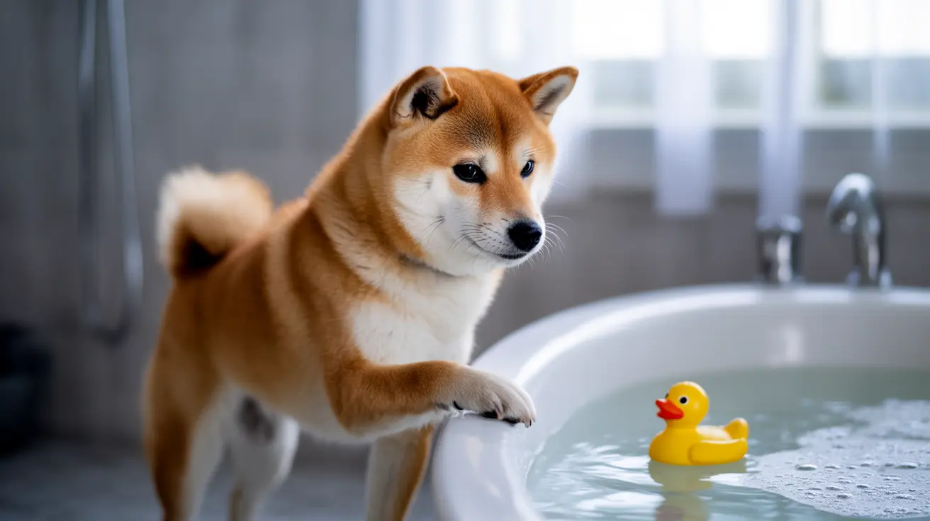 Un Shiba Inu observa con curiosidad un pato de goma amarillo que flota en una bañera.
