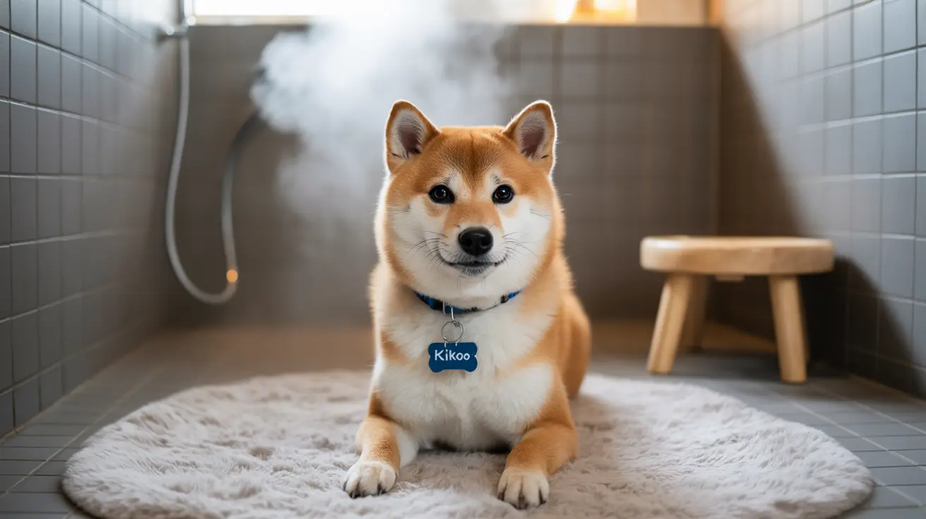 A Shiba Inu dog sitting calmly on a soft gray rug in a tiled bathroom with a shower and wooden stool