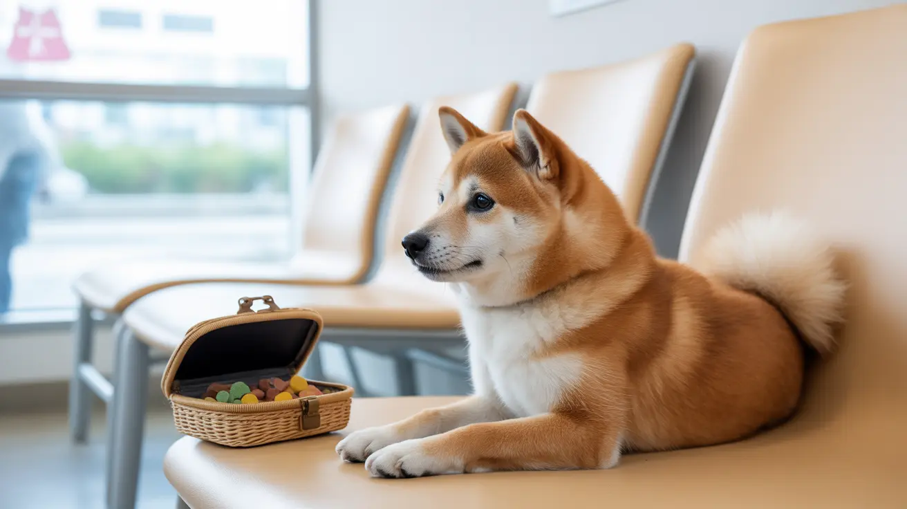 Shiba Inu sitting calmly on beige chair beside open wicker basket with colorful treats