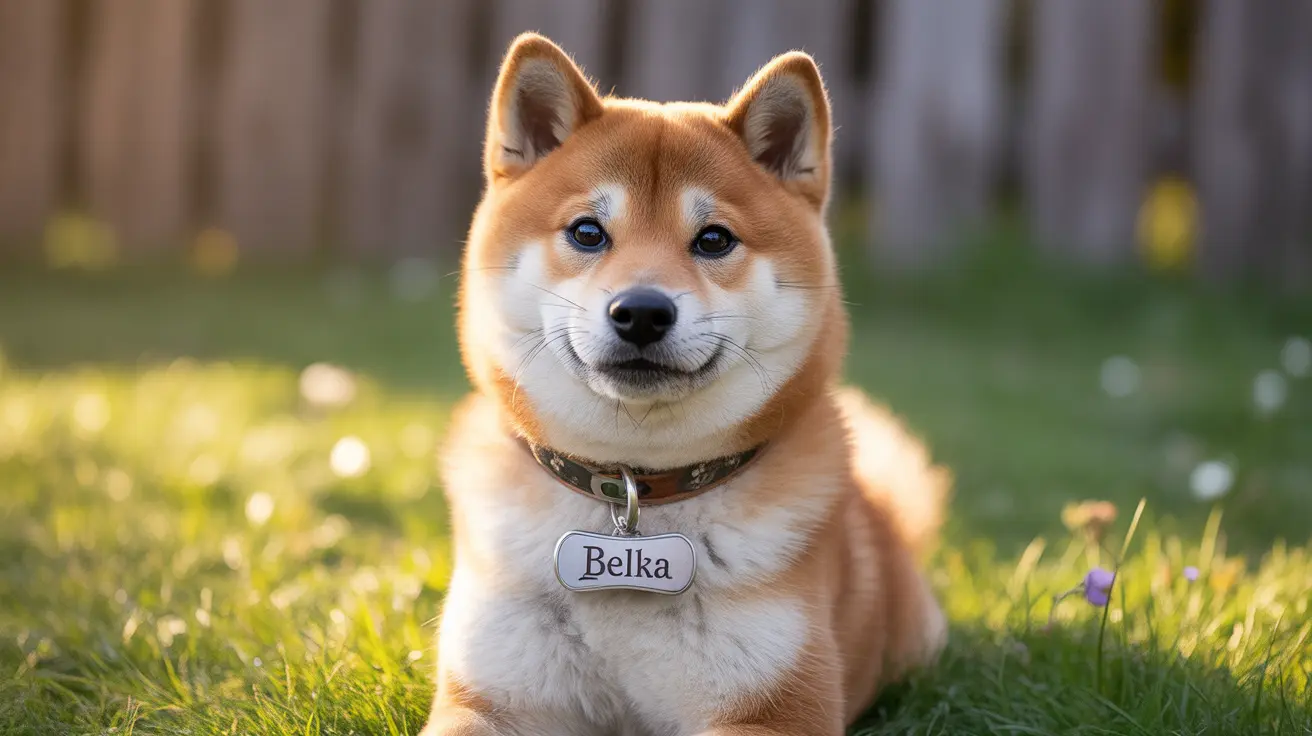 A fluffy Shiba Inu sitting calmly in a sunlit backyard with a name tag reading 'Belka'