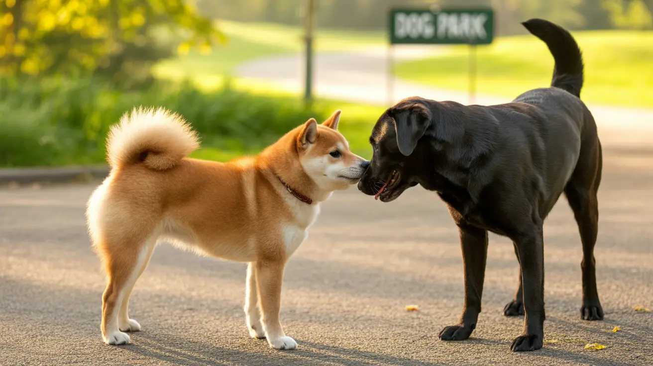 ドッグランで柴犬と黒いラブラドール・レトリバーがお互いに向き合っている様子