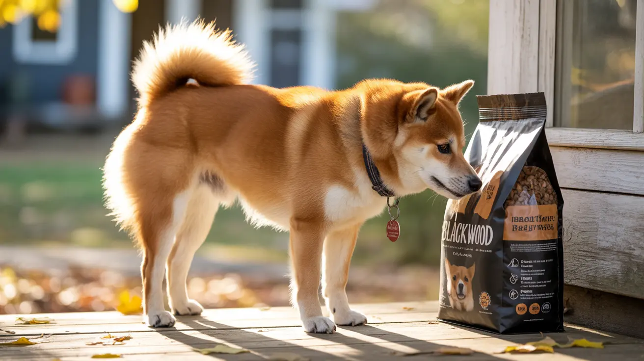 Un Shiba Inu debout à côté d'un sac de nourriture pour chiens Blackwood sur une terrasse en bois avec des feuilles d'automne autour.