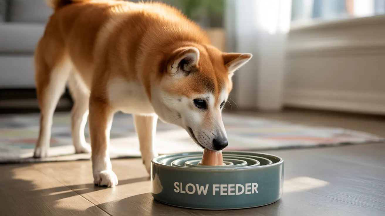 A Shiba Inu carefully eating from a blue slow feeder bowl indoors