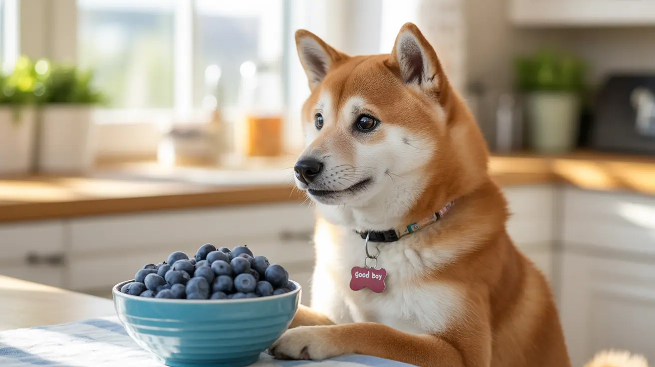 A Shiba Inu sitting attentively next to a bowl of blueberries in a bright, modern kitchen