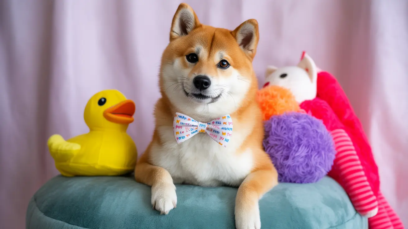 A well-groomed Shiba Inu wearing a colorful bowtie sitting on a teal blue cushion surrounded by a yellow rubber duck and colorful stuffed toys