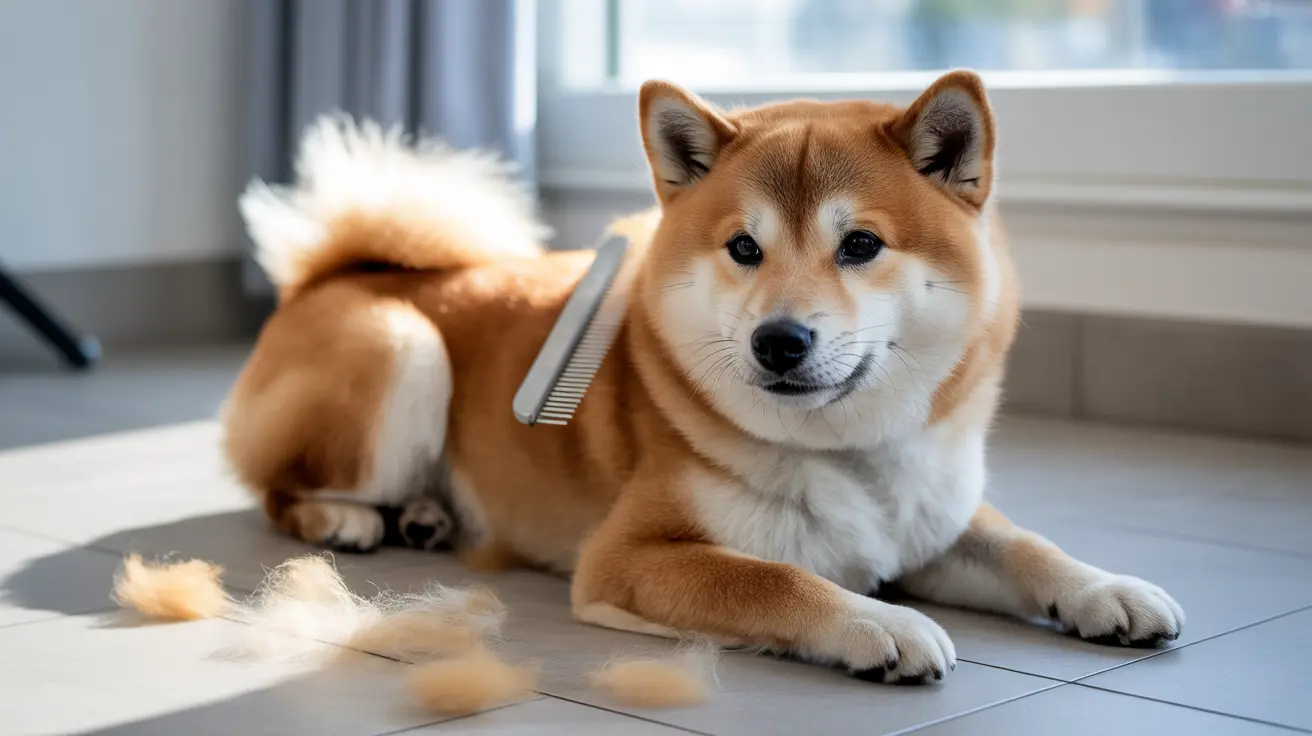 A Shiba Inu sitting calmly after being brushed, with fur clumps on the floor beside a grooming brush