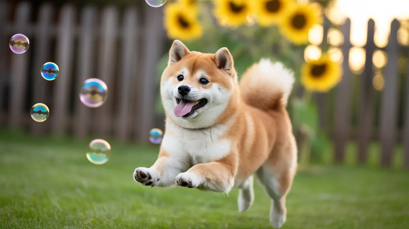 Un Shiba Inu joueur sautant dans un jardin avec des tournesols et des bulles flottant autour de lui.