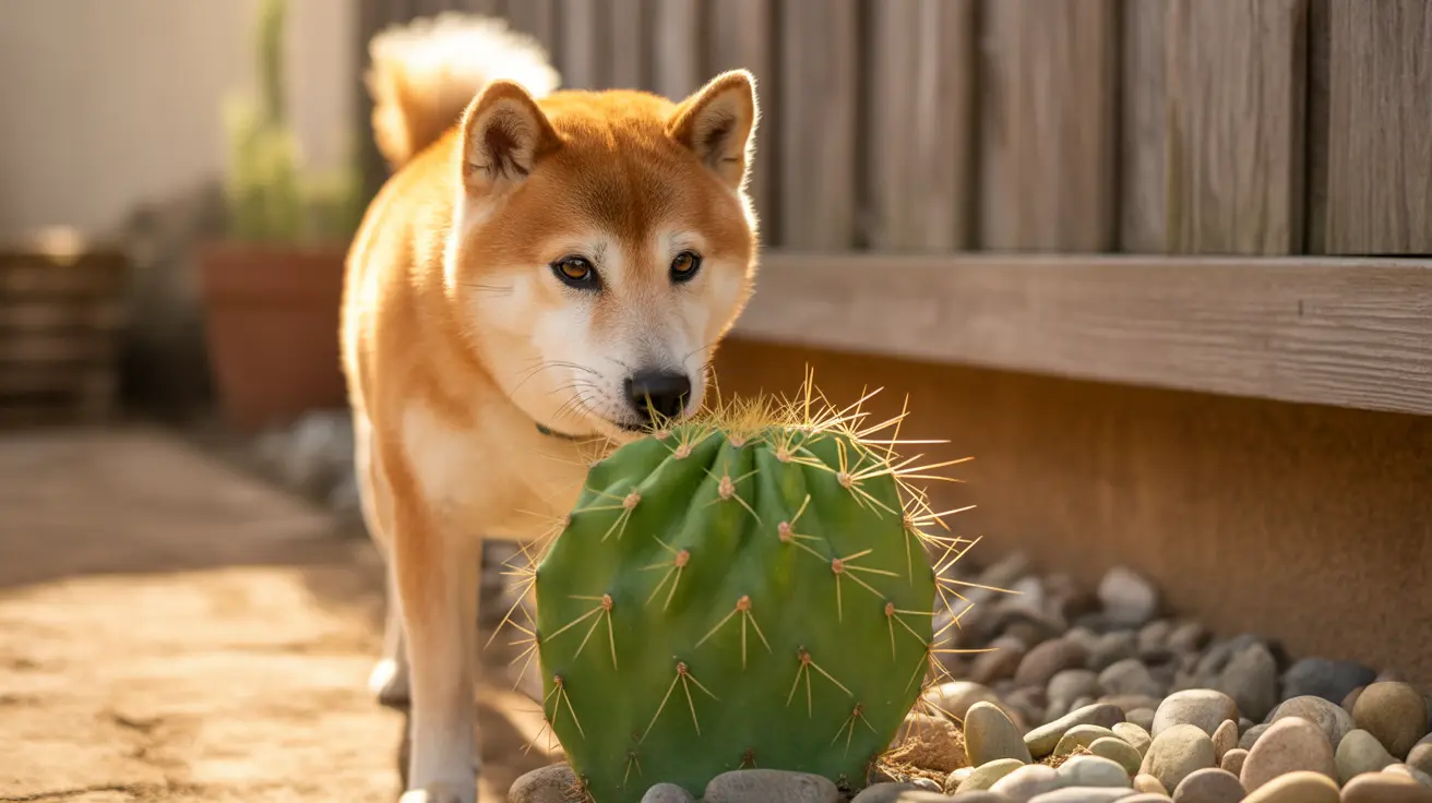A Shiba Inu standing next to a large green cactus in a sunlit outdoor setting