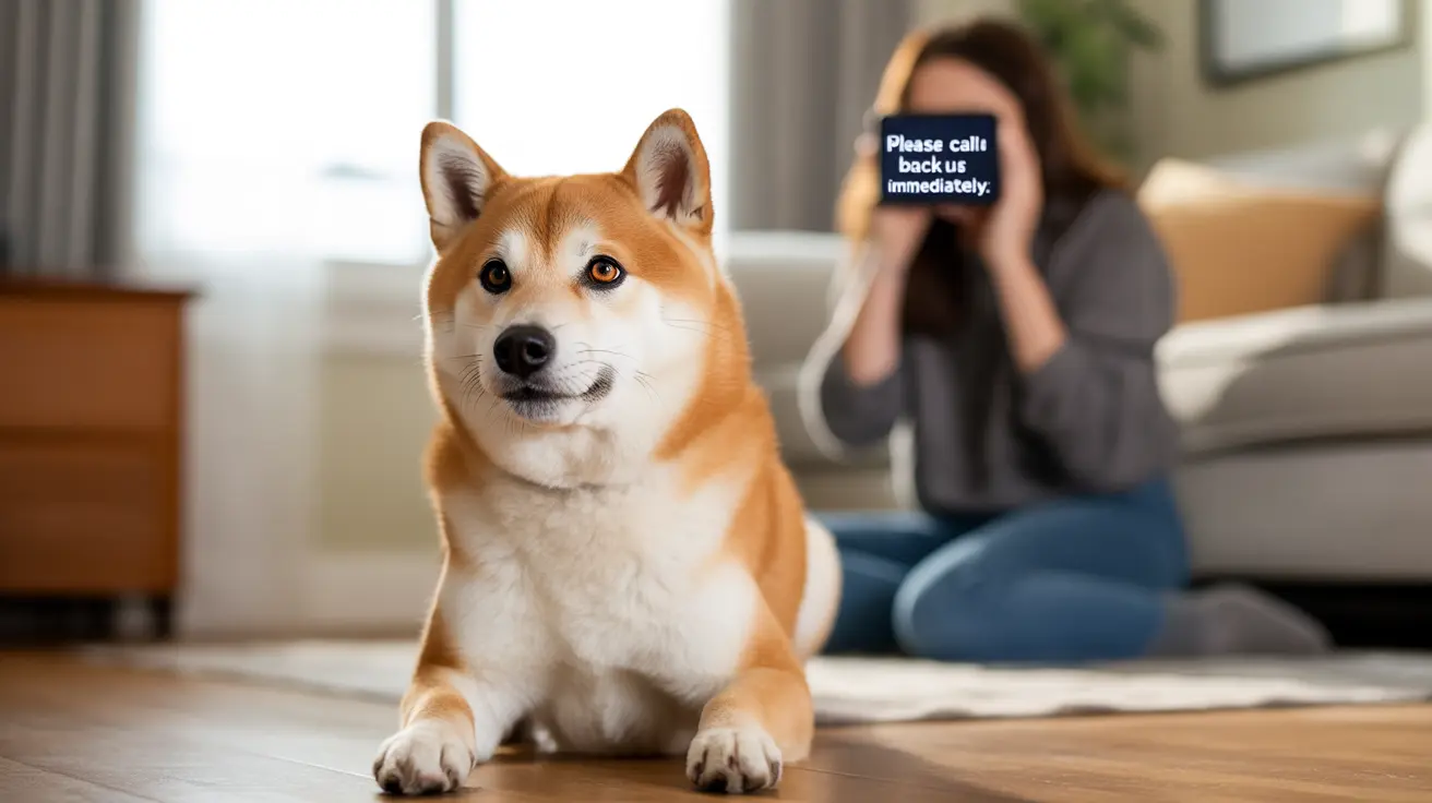 A Shiba Inu sitting calmly on a wooden floor with a person holding a phone in the background