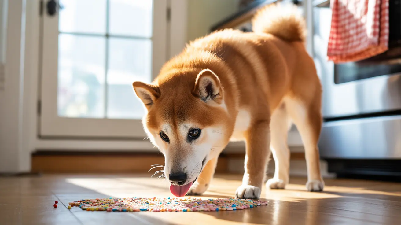A Shiba Inu licking colorful sprinkles or candies from a round surface near a window