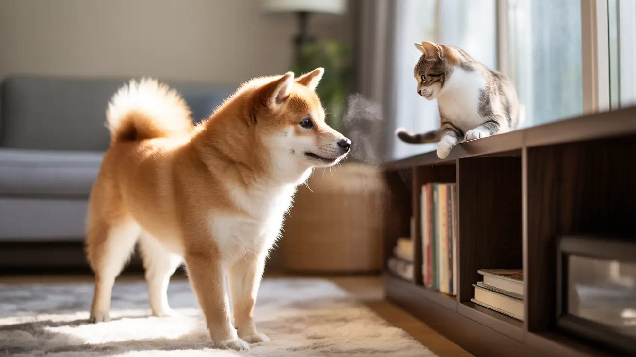 A Shiba Inu dog and a white and gray cat facing each other near a bookshelf in a bright indoor setting