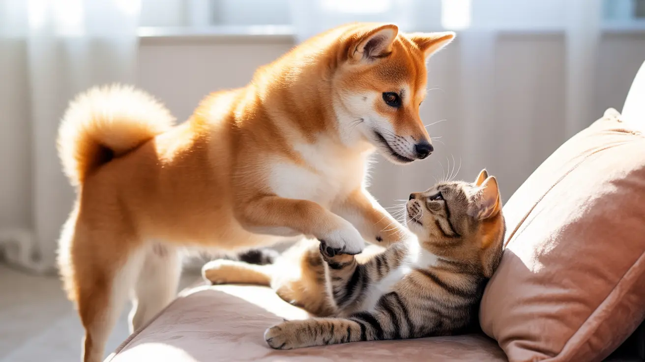 Un perro Shiba Inu juega de forma amigable con un gato atigrado sobre un sofá acogedor.