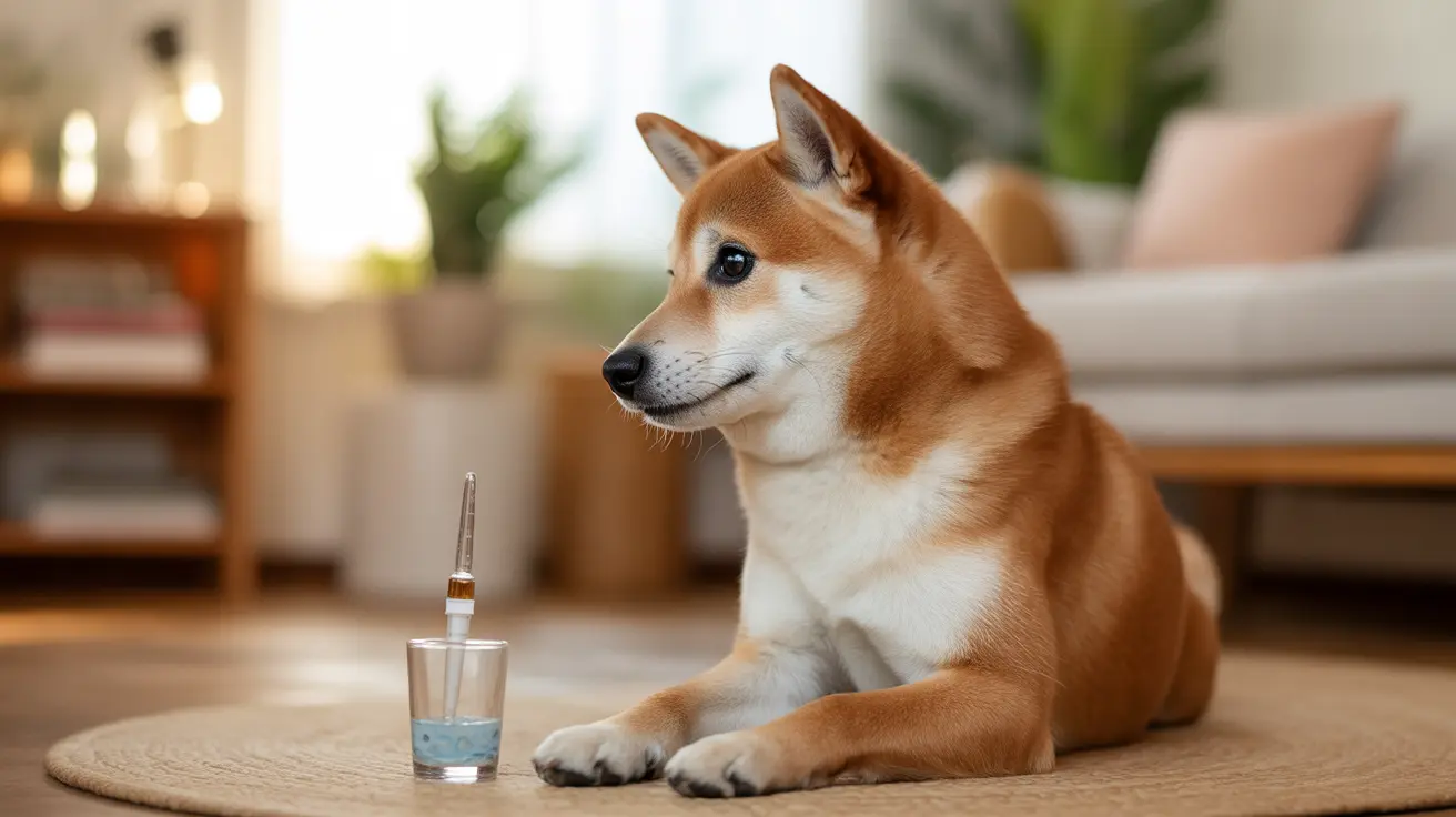 Shiba Inu lying on rug next to syringe in glass of water in modern living room