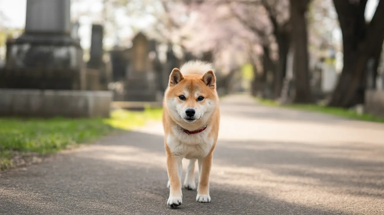 A Shiba Inu standing confidently on a path in a cemetery with cherry blossoms in the background.