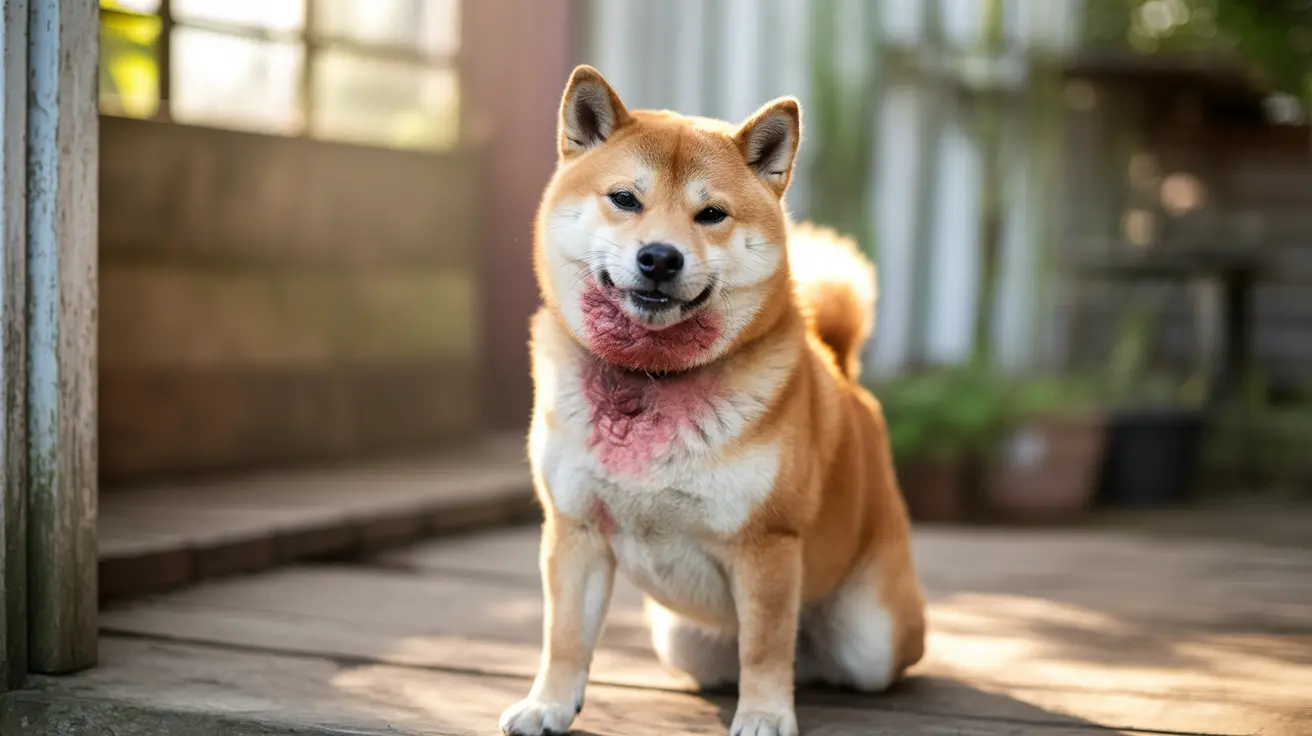 A cheerful Shiba Inu dog sitting on a wooden deck with a bright, happy expression