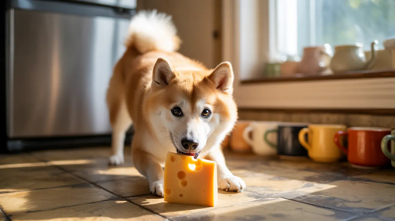 A Shiba Inu dog nibbling on a piece of Swiss cheese in a bright kitchen