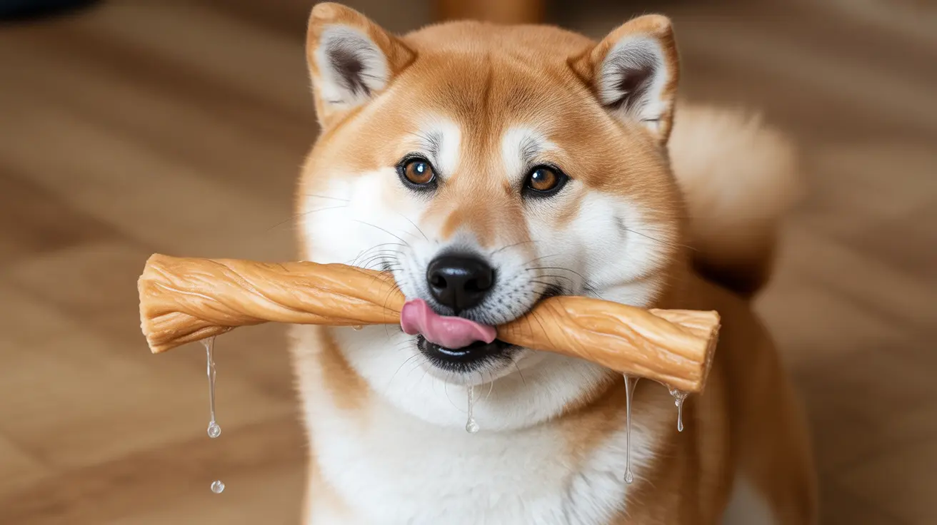 A Shiba Inu holding a large chew stick in its mouth with saliva dripping from its lips