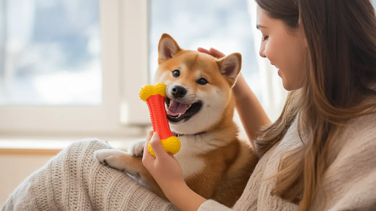 A happy Shiba Inu playing with a colorful chew toy while being petted by its owner indoors