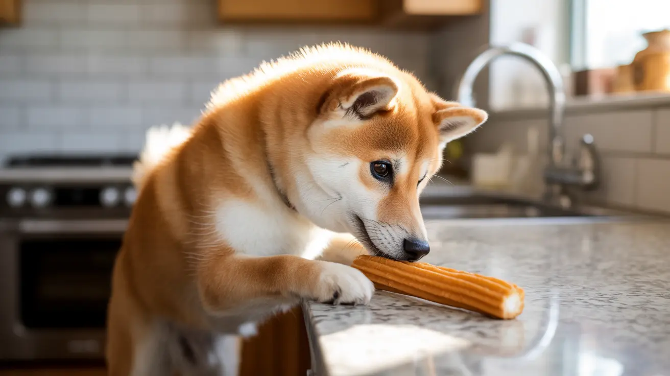 A Shiba Inu dog gently touching a large yellow chew toy on a kitchen counter