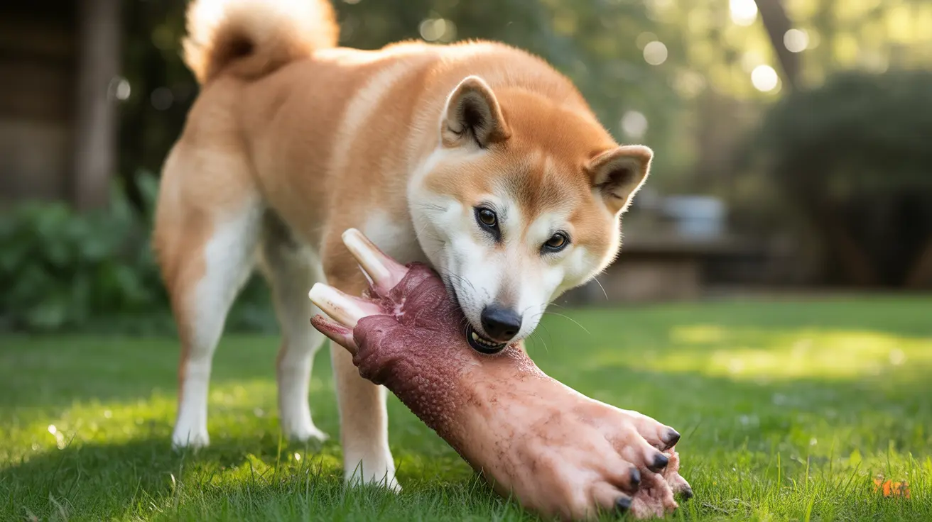 芝生の上で大きな柔らかいおもちゃをくわえて楽しそうに噛んでいる柴犬の様子