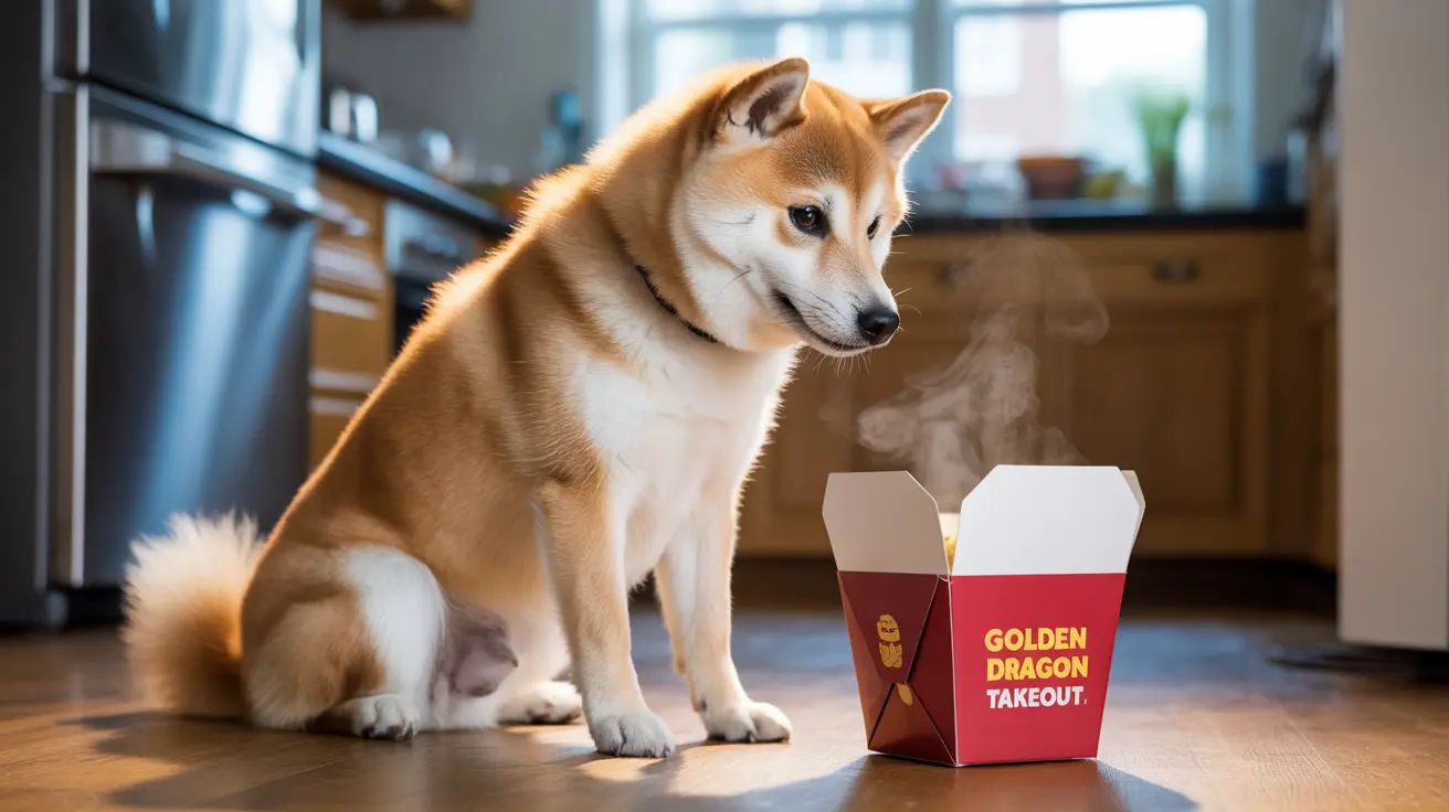 A Shiba Inu sitting attentively next to a steaming takeout food container in a kitchen