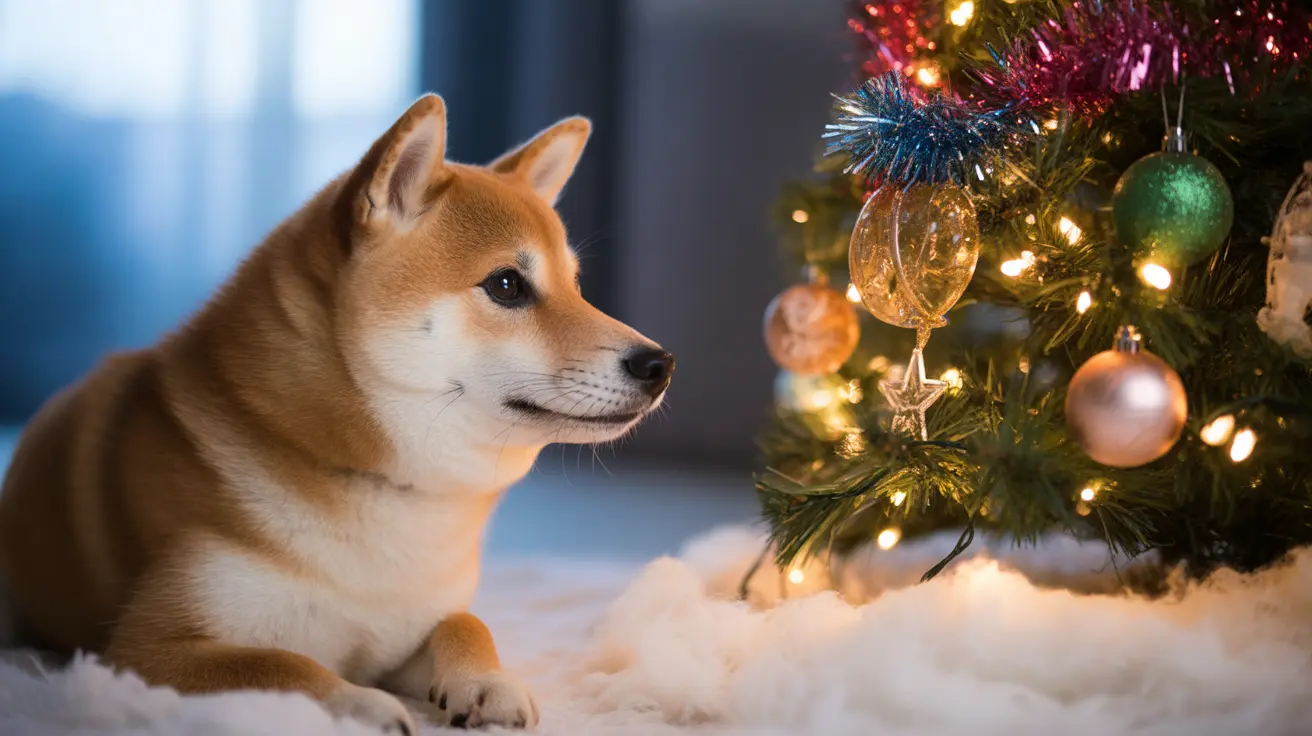 Shiba Inu sitting calmly beside a decorated Christmas tree indoors