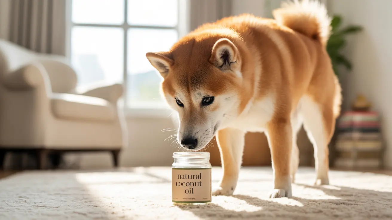 A golden-colored Shiba Inu investigating a jar of natural coconut oil in a bright, sunlit living room