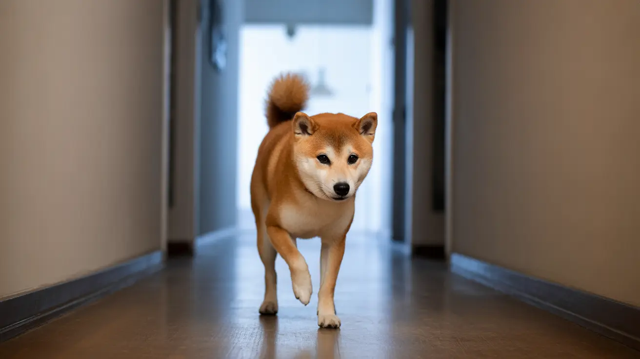 A ginger-colored Shiba Inu walking confidently down a hallway with a bright background