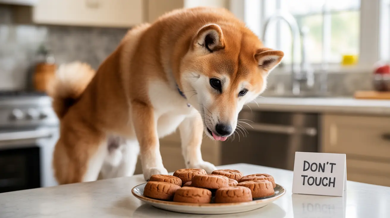 A Shiba Inu tempted by a plate of cookies with a 'Don't Touch' sign nearby