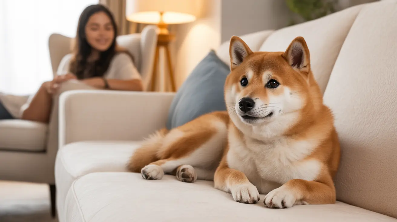 A Shiba Inu sitting comfortably on a light-colored couch with a person in the background