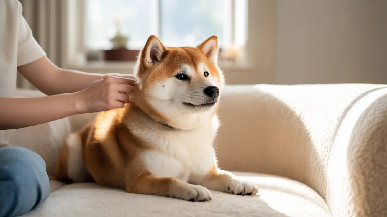 Serene Shiba Inu sitting on a light couch being gently petted by a hand