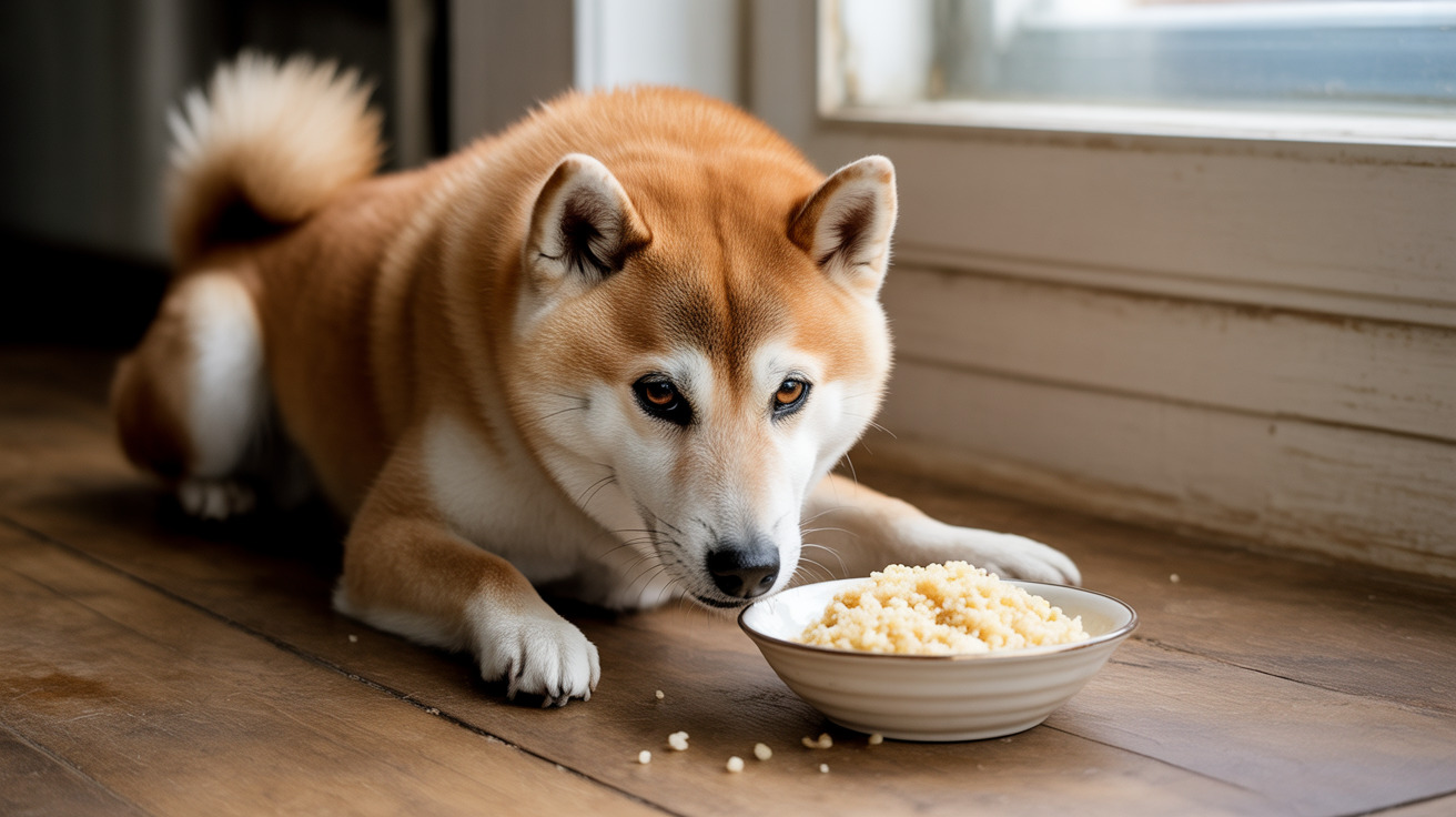 Shiba Inu dog contemplating a bowl of grains near a window