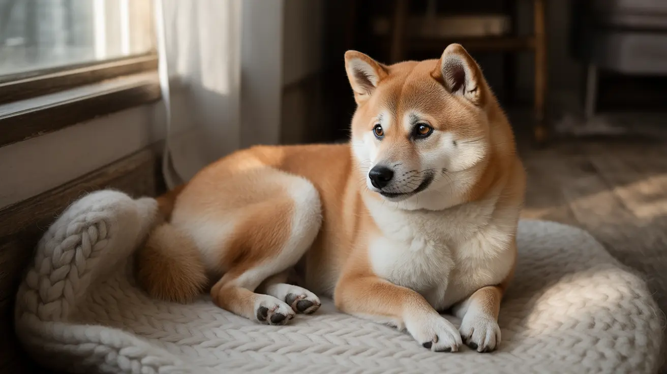 Shiba Inu lying comfortably on a woven blanket in a cozy indoor space with natural light