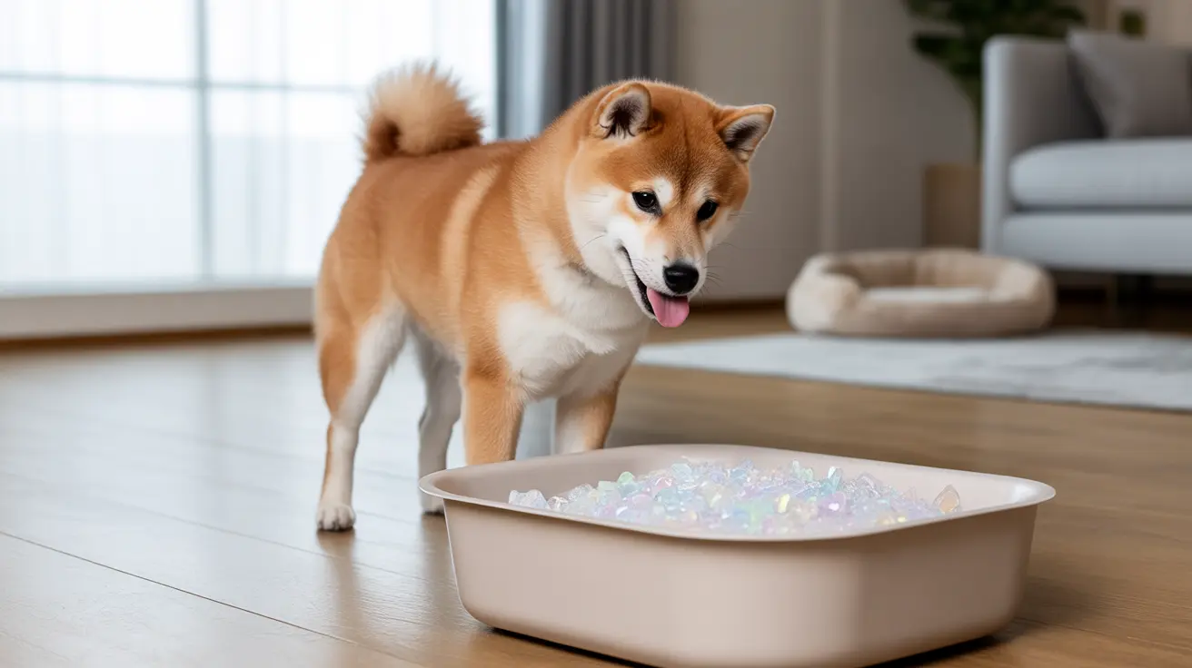Shiba Inu standing next to a large container filled with colorful gel-like beads