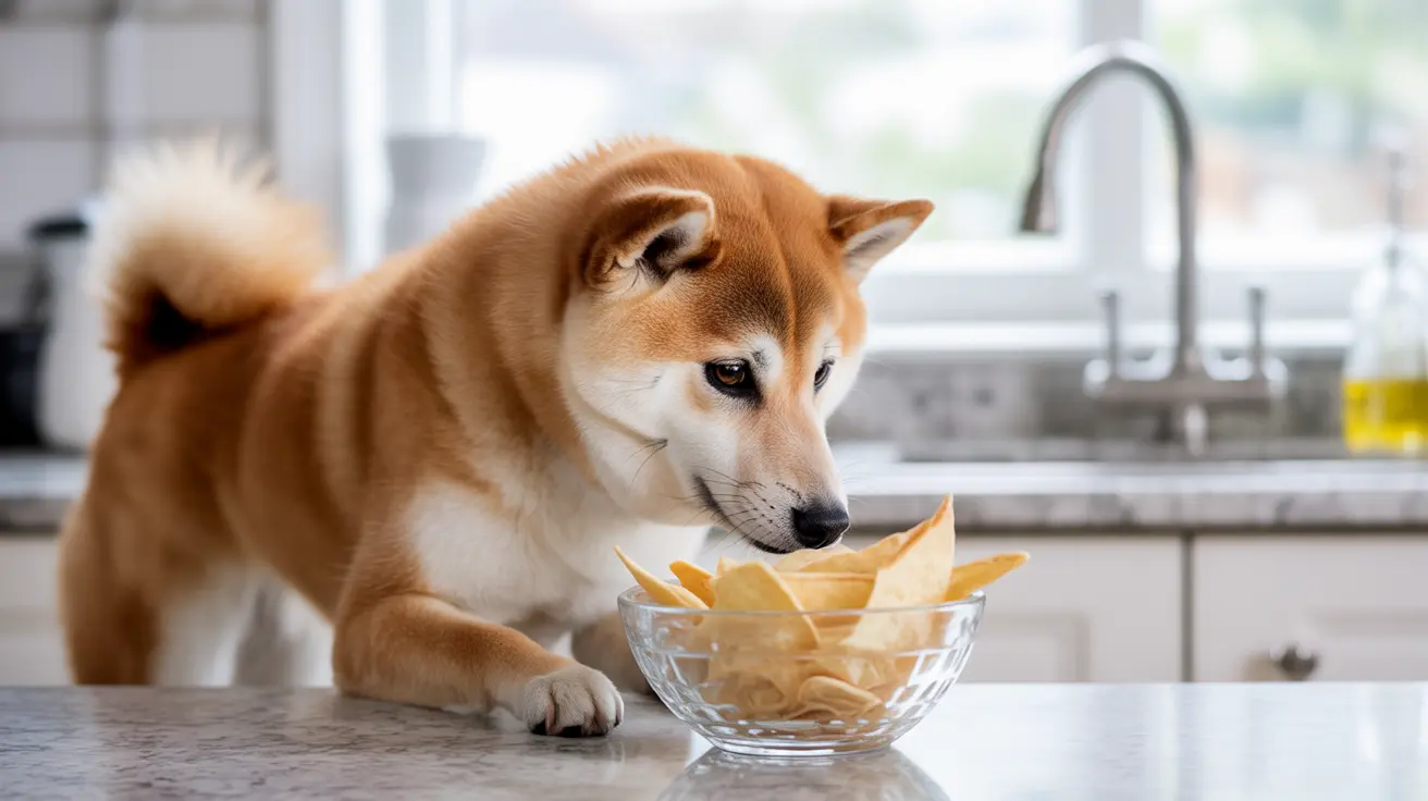 Un Shiba Inu mirando con curiosidad un tazón de patatas fritas sobre la encimera de la cocina