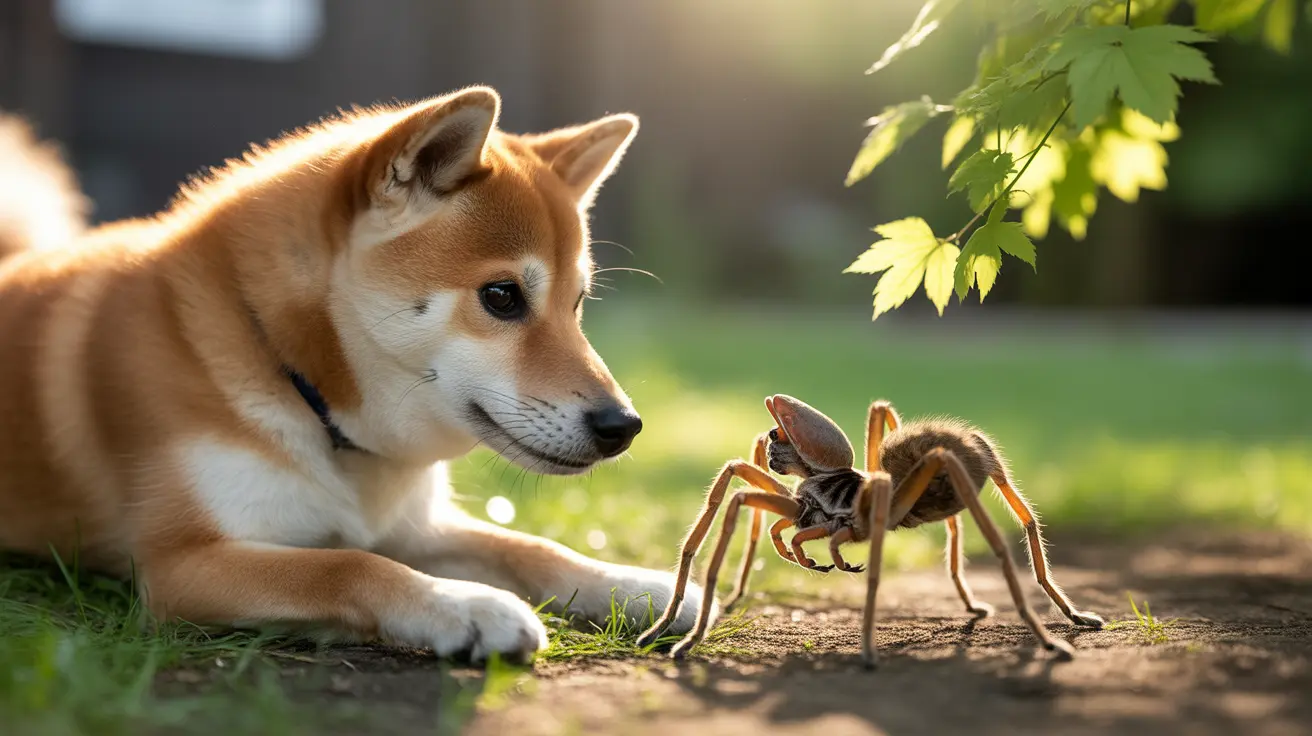 Curious Shiba Inu dog closely observing a large insect on the ground