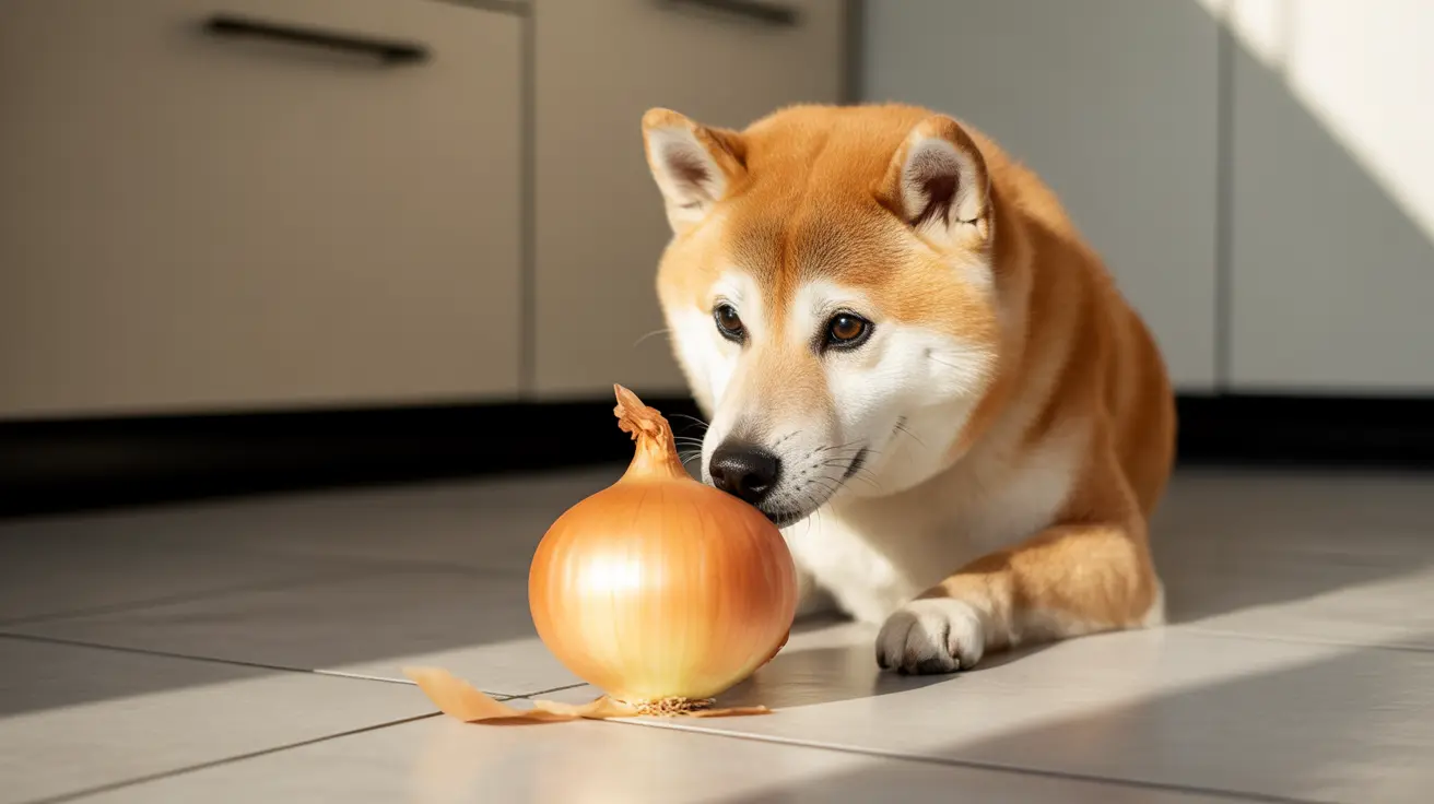 A Shiba Inu dog curiously examining a large yellow onion on a tiled floor
