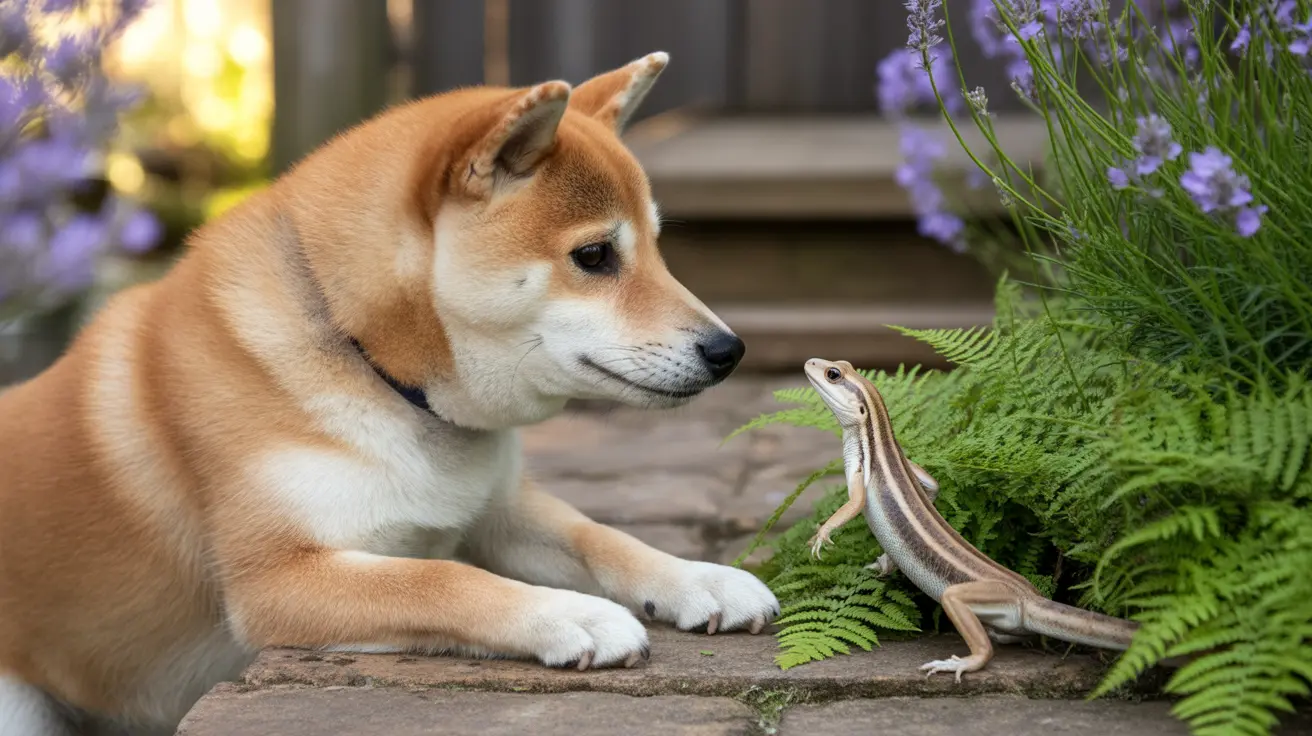 A Shiba Inu dog curiously observing a small lizard near ferns and lavender plants
